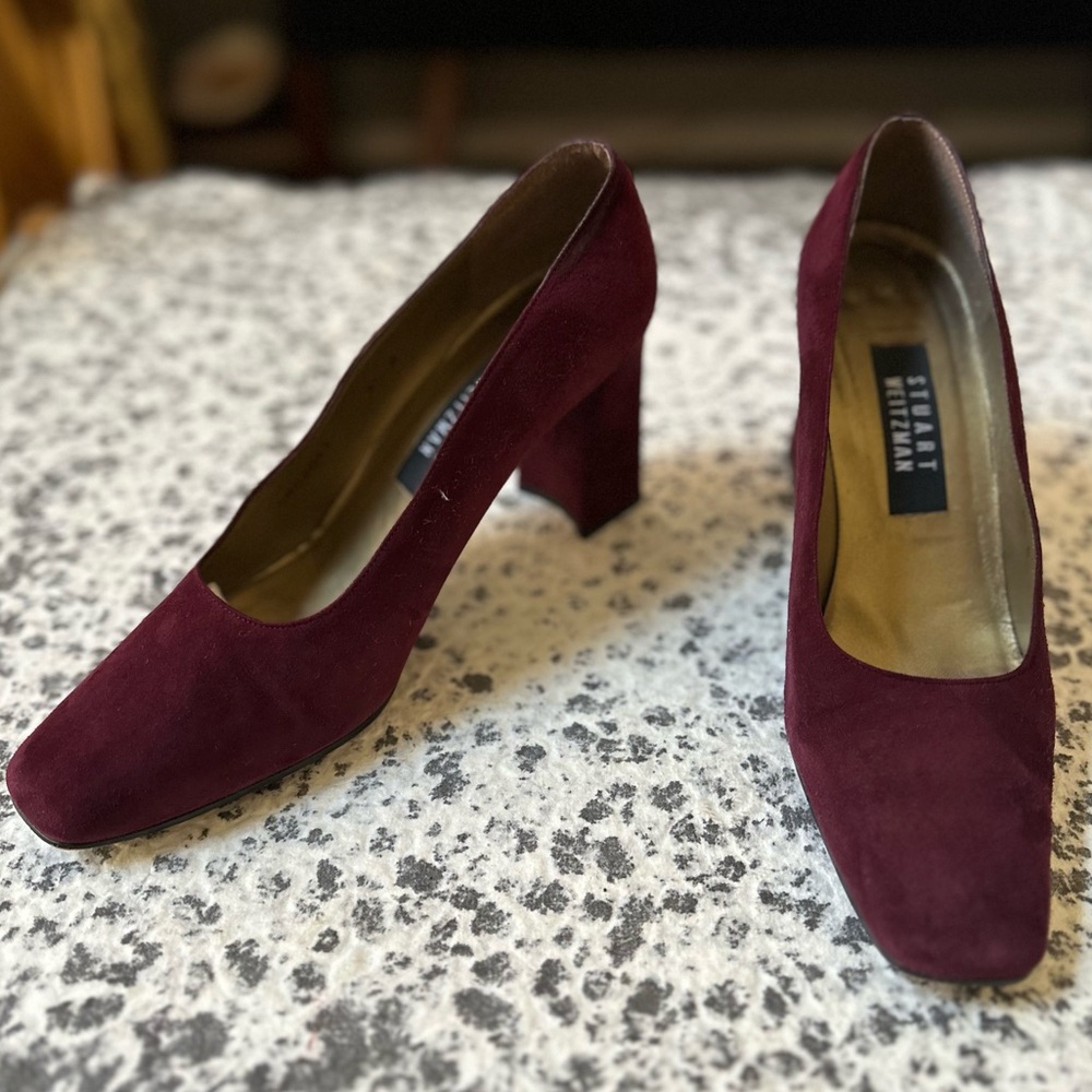 Stuart Weitzman Red/ Wine Suede Block Heel Pumps - image 3